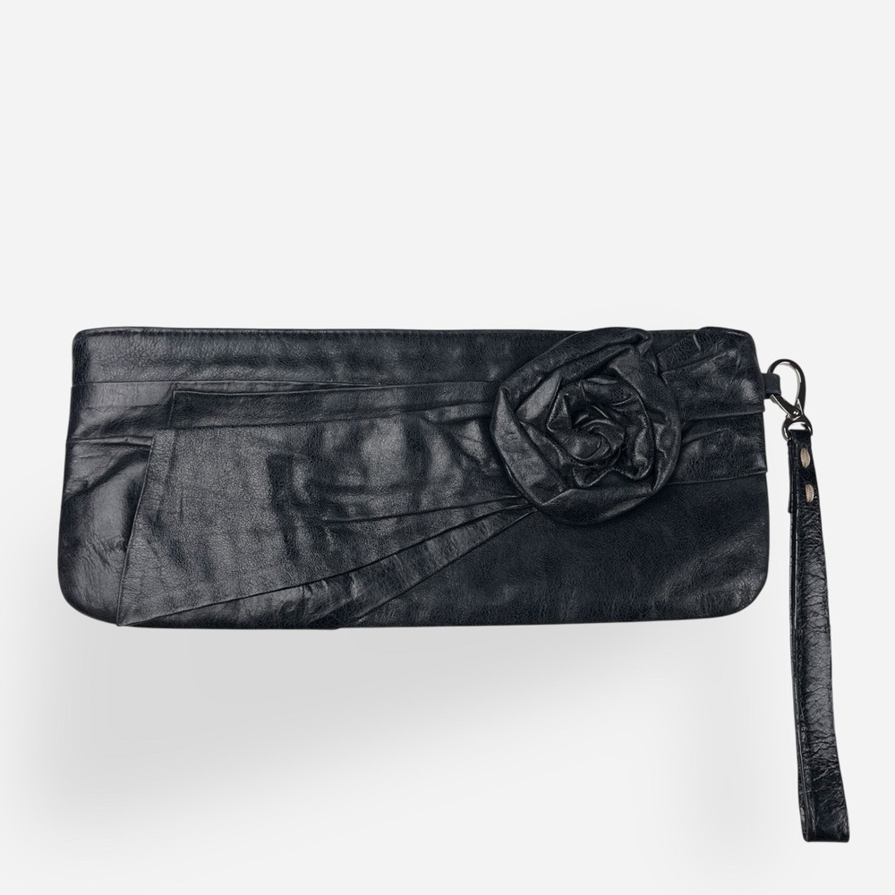 Vintage Y2K Bebe Black Evening Bag‎ Clutch Wristlet Moto Rose Flower